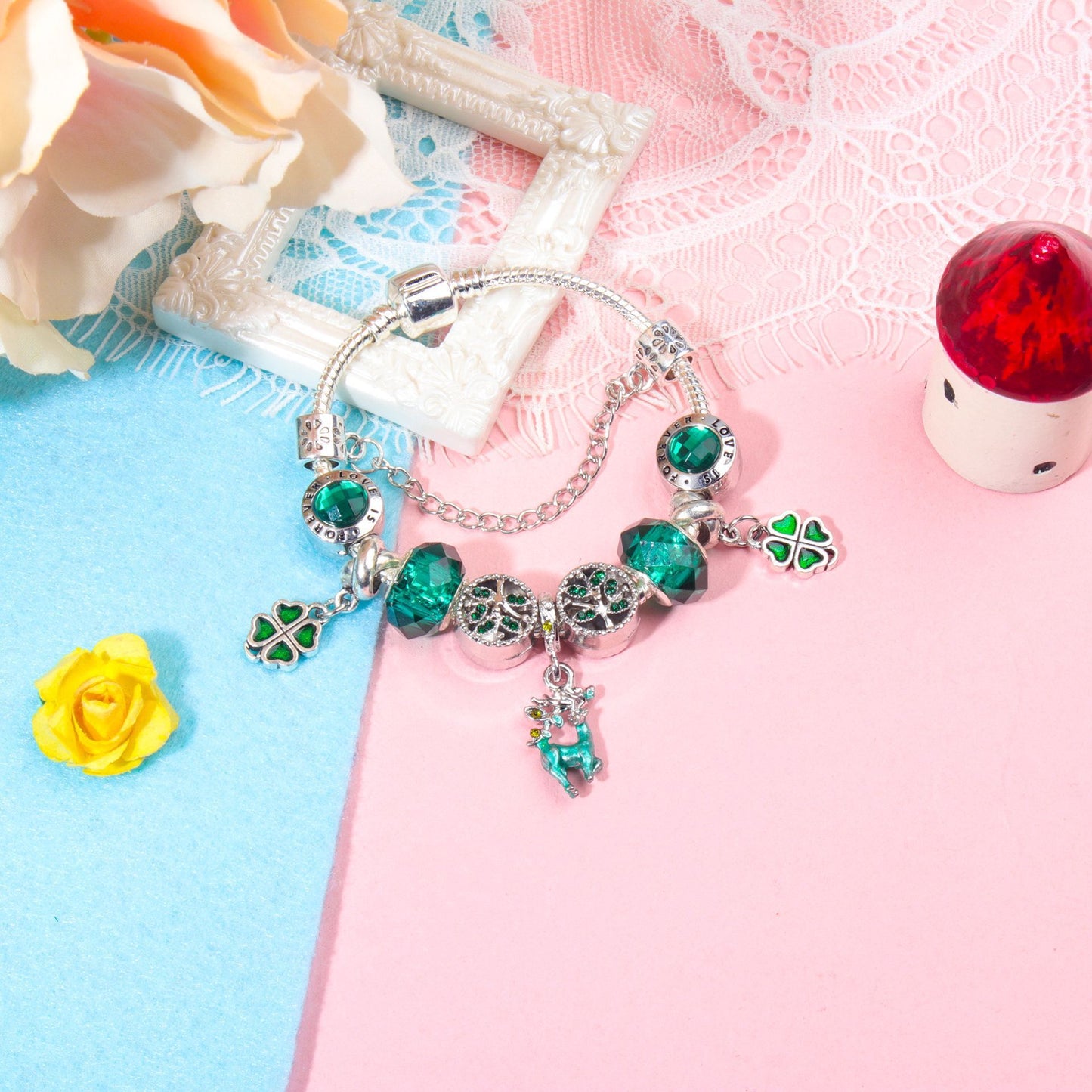 Colorful Cat Eye Glass Bead Clover Pendant Bracelet(17cm) V1132-NSSL41-17