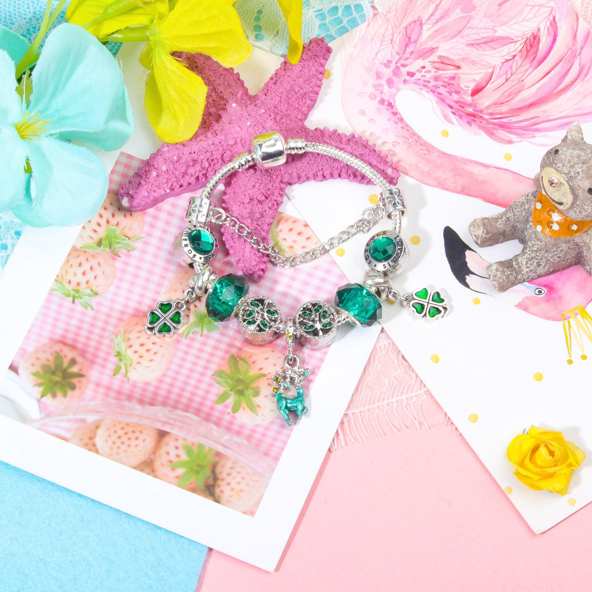 Colorful Cat Eye Glass Bead Clover Pendant Bracelet(17cm) V1132-NSSL41-17