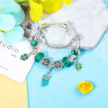 Colorful Cat Eye Glass Bead Clover Pendant Bracelet(17cm) V1132-NSSL41-17