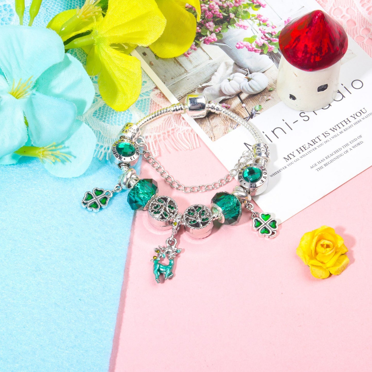 Colorful Cat Eye Glass Bead Clover Pendant Bracelet(20cm) V1132-NSSL41-20