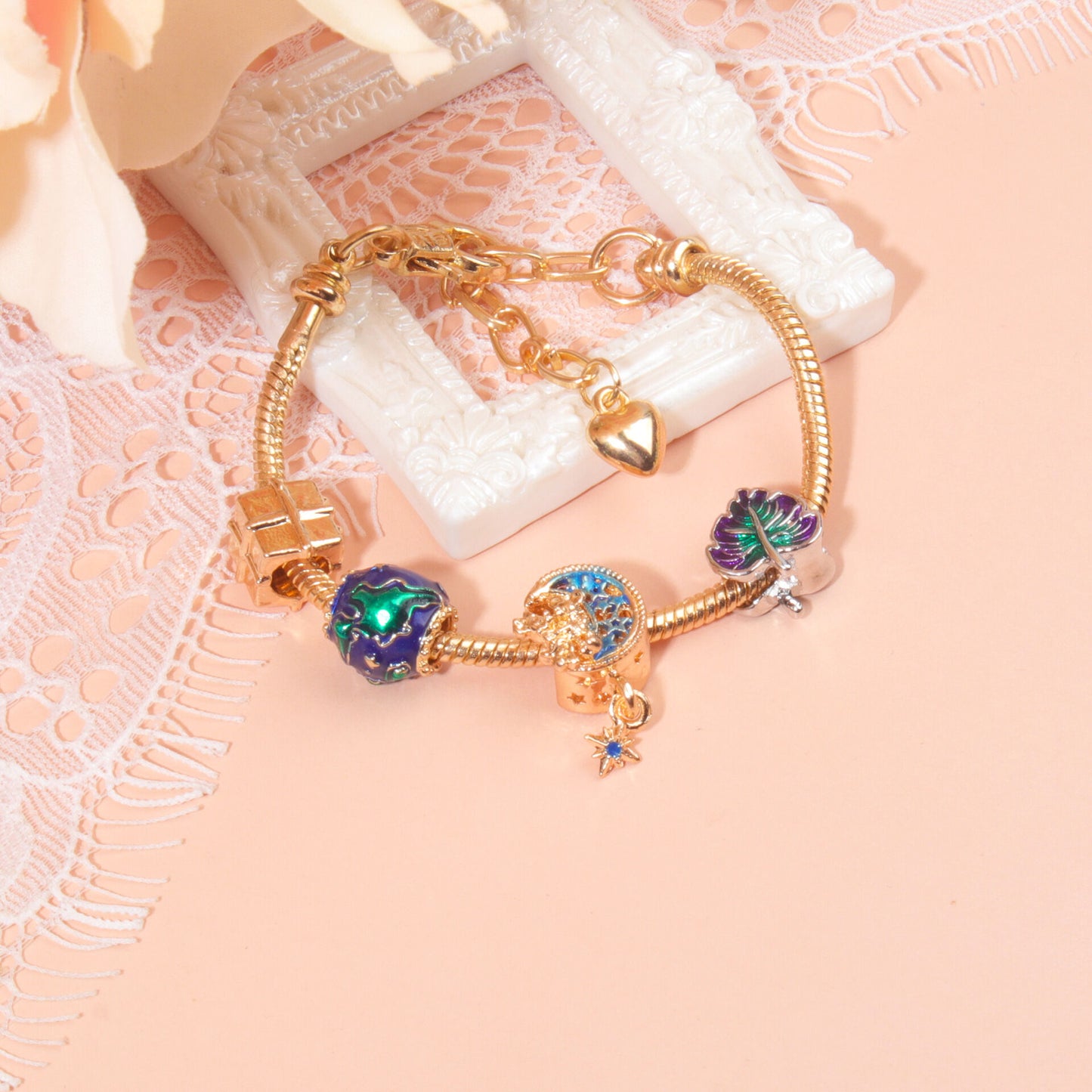 Colorful Leaf Moon Star Pendant Versatile Gold Bracelet(18cm) V1132-NSSL42-18