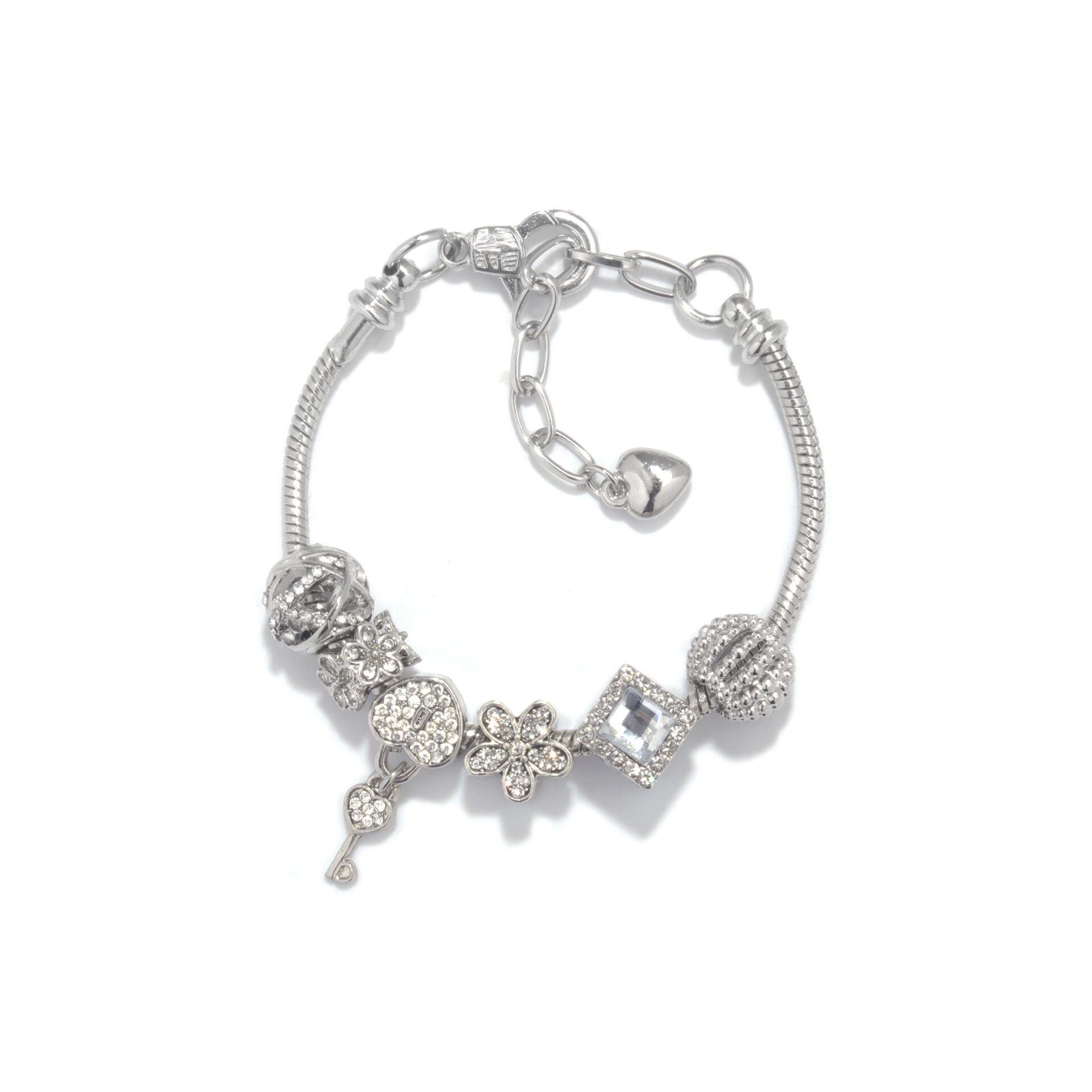 Adjustable Lobster Clasp Bracelet with Zircon Hollow Ball, Square, Flower & Heart Key Charms(16cm) V1132-NSSL44-16