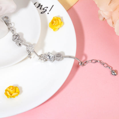 Adjustable Lobster Clasp Bracelet with Zircon Hollow Ball, Square, Flower & Heart Key Charms(16cm) V1132-NSSL44-16