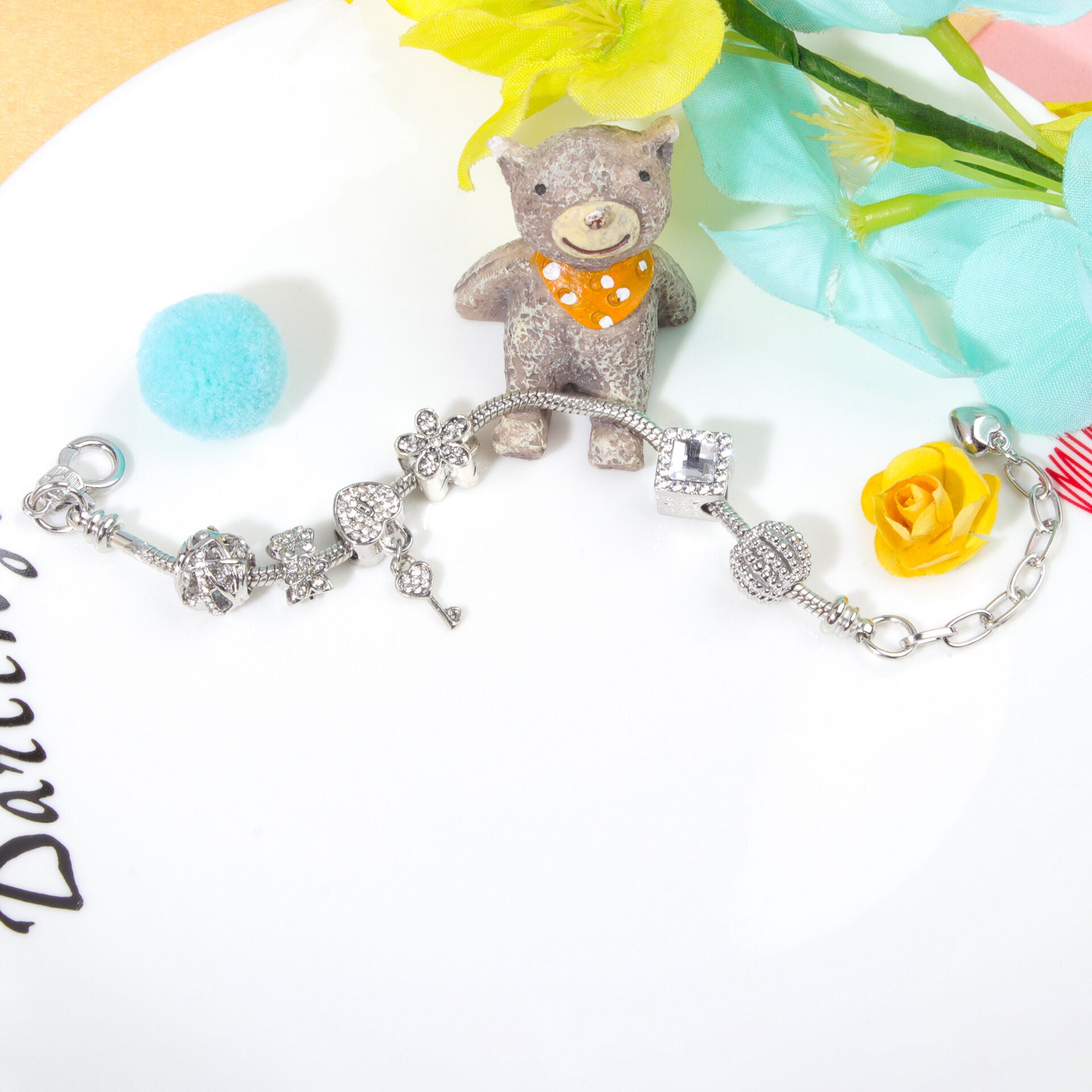 Adjustable Lobster Clasp Bracelet with Zircon Hollow Ball, Square, Flower & Heart Key Charms(16cm) V1132-NSSL44-16