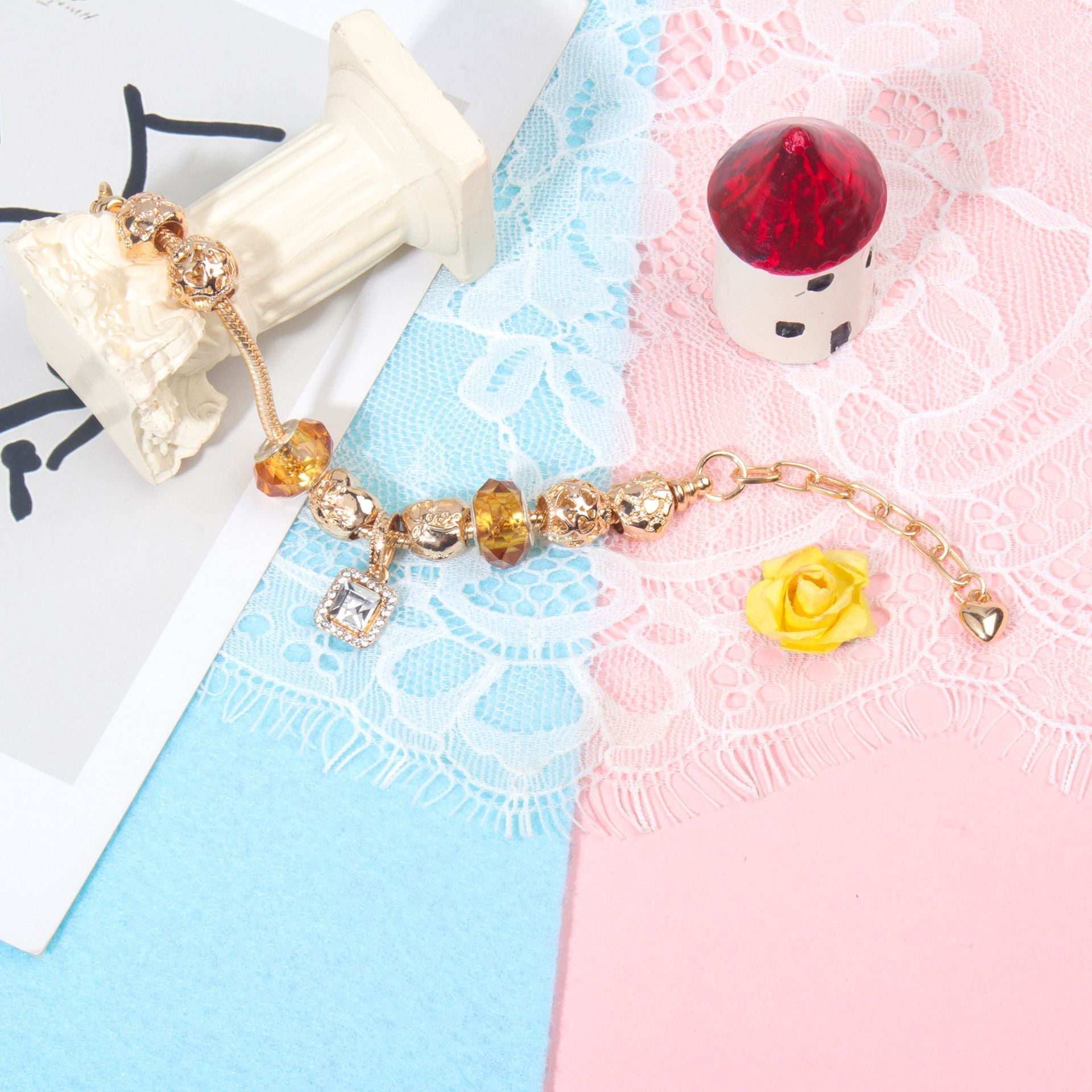 Golden Heart Zircon Hollow Bead Bracelet with Rhinestone Pendant(19cm) V1132-NSSL47-19