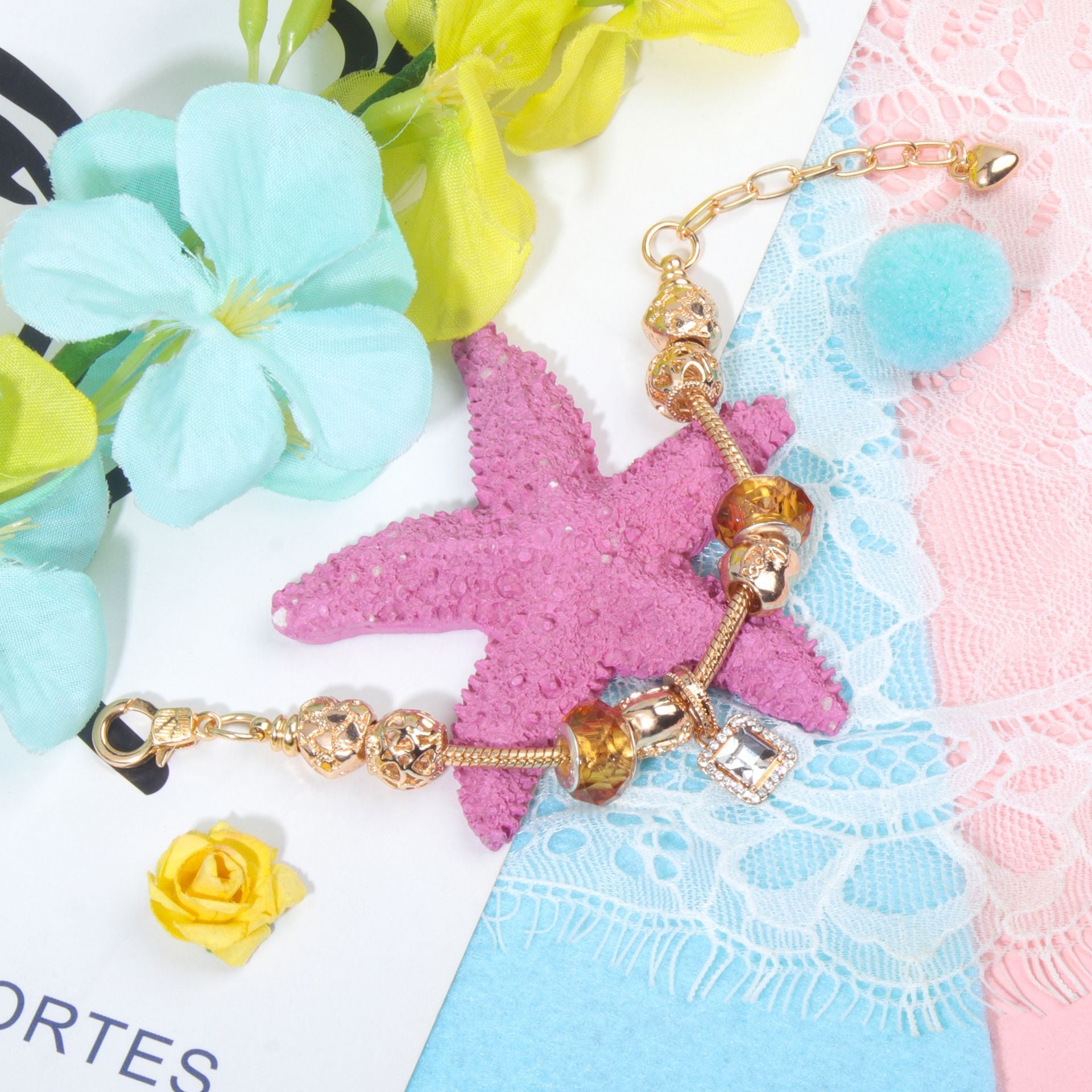 Golden Heart Zircon Hollow Bead Bracelet with Rhinestone Pendant(19cm) V1132-NSSL47-19