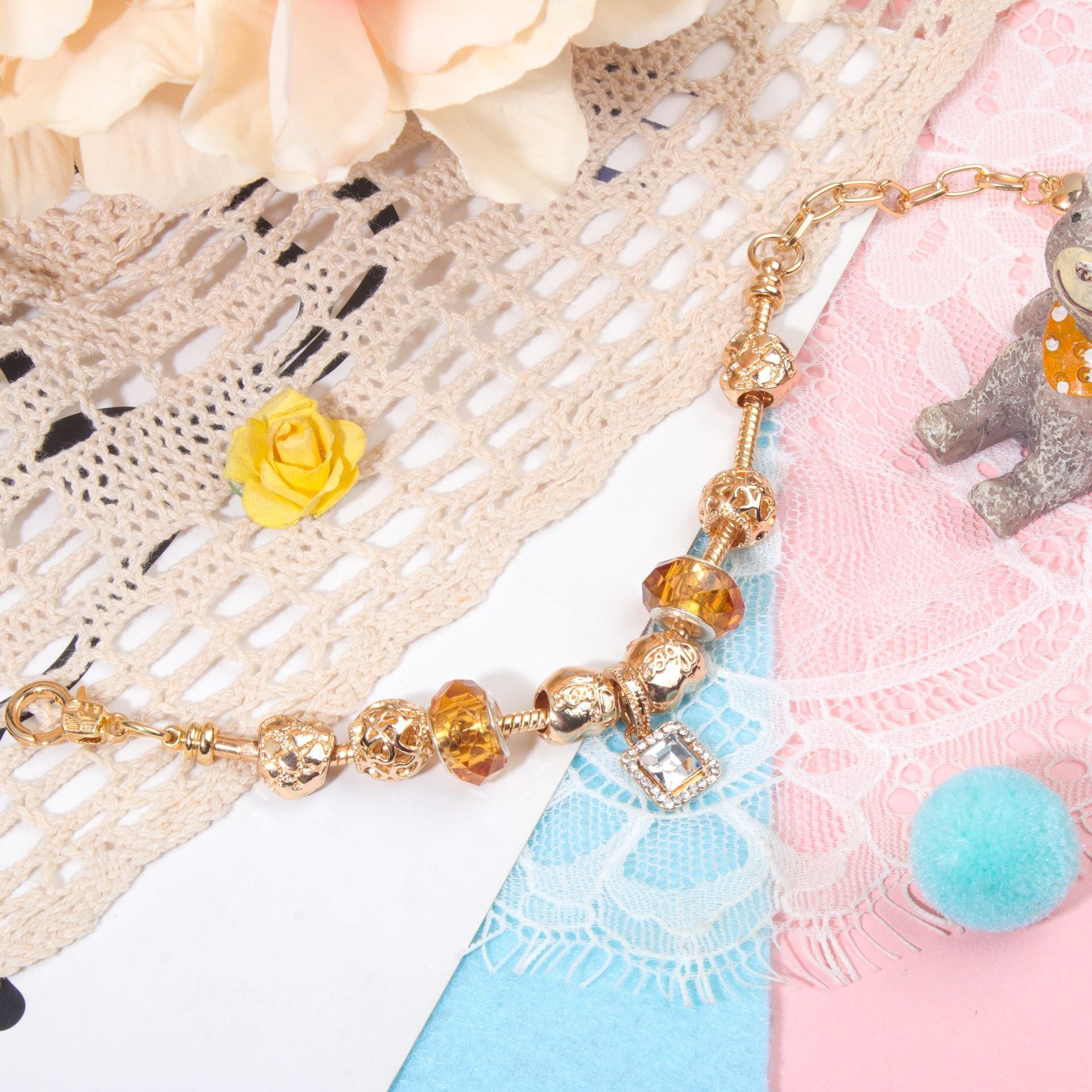 Golden Heart Zircon Hollow Bead Bracelet with Rhinestone Pendant(19cm) V1132-NSSL47-19