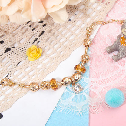 Golden Heart Zircon Hollow Bead Bracelet with Rhinestone Pendant(19cm) V1132-NSSL47-19