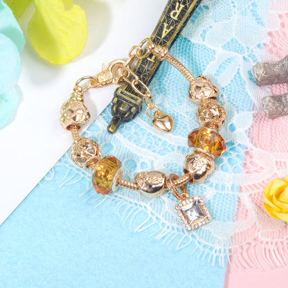 Golden Heart Zircon Hollow Bead Bracelet with Rhinestone Pendant(19cm) V1132-NSSL47-19