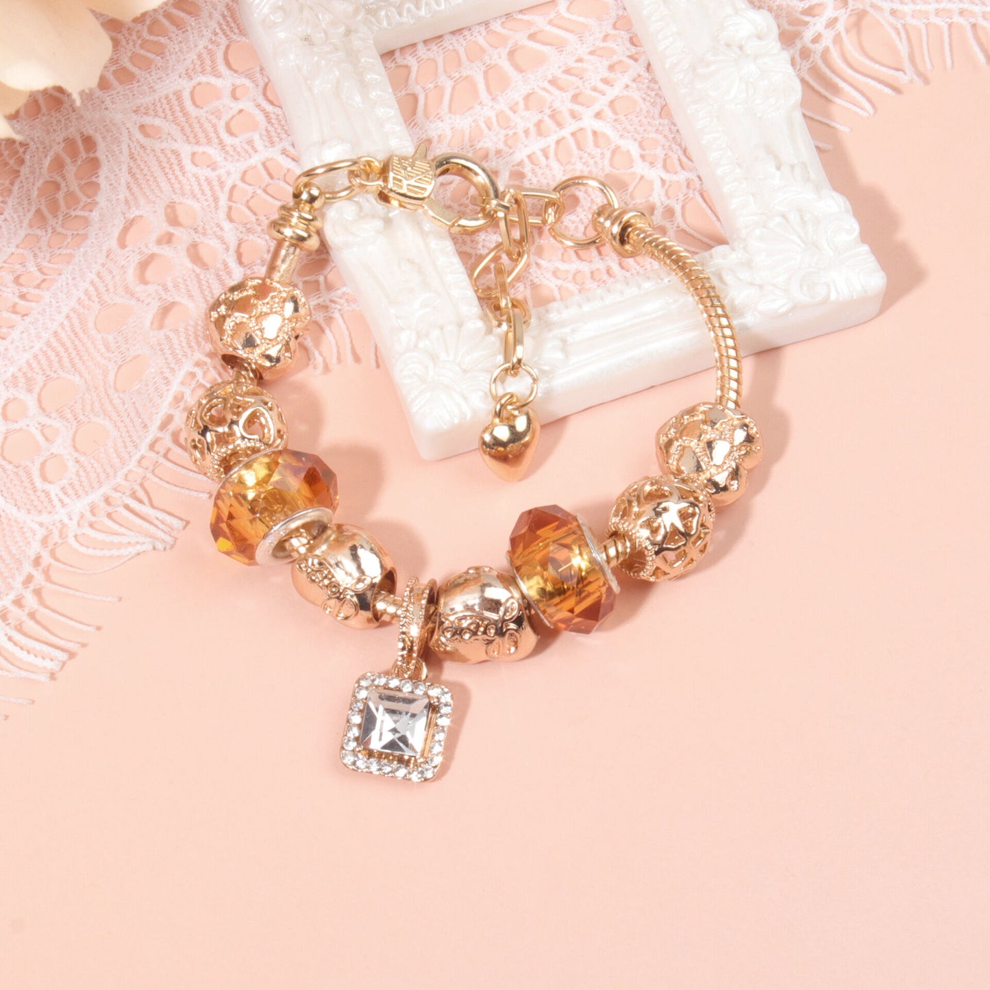 Golden Heart Zircon Hollow Bead Bracelet with Rhinestone Pendant(19cm) V1132-NSSL47-19