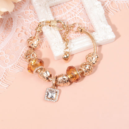 Golden Heart Zircon Hollow Bead Bracelet with Rhinestone Pendant(19cm) V1132-NSSL47-19