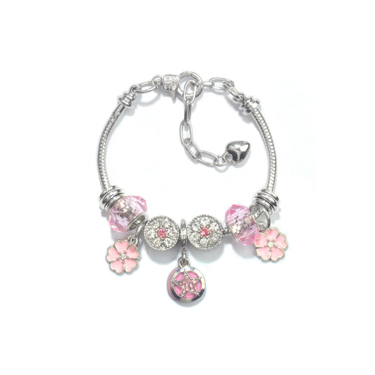 Chic Pink Crystal Beaded Bracelet with Magnolia & Star Pendant(16cm) V1132-NSSL48-16