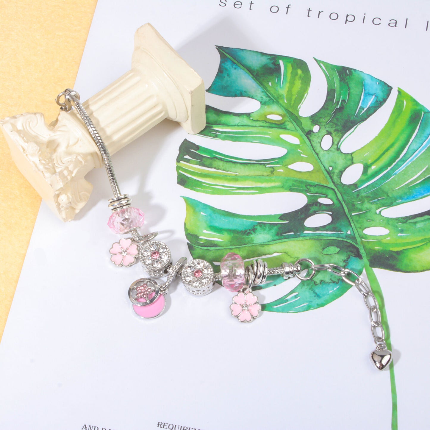 Chic Pink Crystal Beaded Bracelet with Magnolia & Star Pendant(16cm) V1132-NSSL48-16
