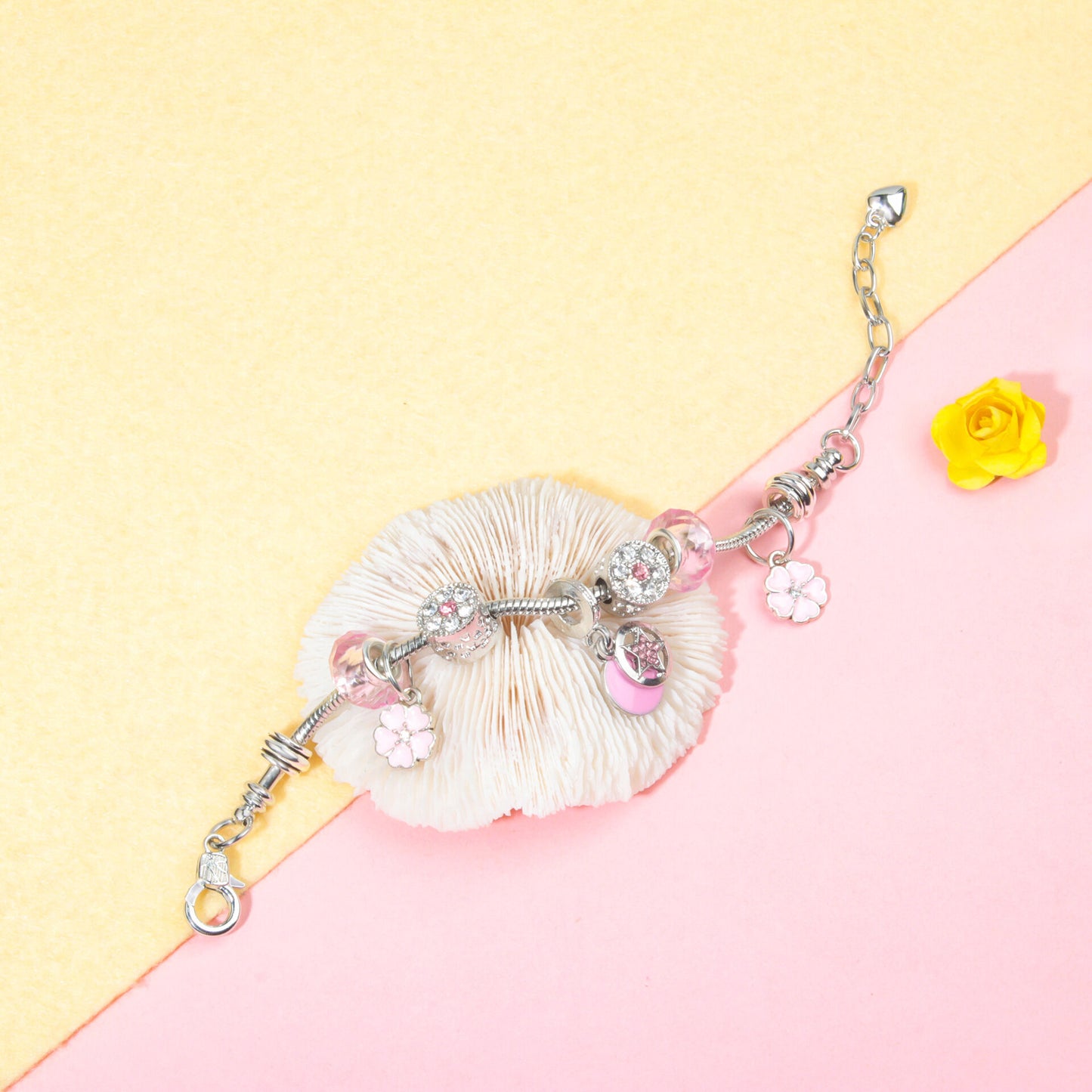 Chic Pink Crystal Beaded Bracelet with Magnolia & Star Pendant(16cm) V1132-NSSL48-16