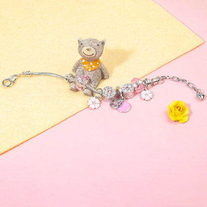 Chic Pink Crystal Beaded Bracelet with Magnolia & Star Pendant(16cm) V1132-NSSL48-16