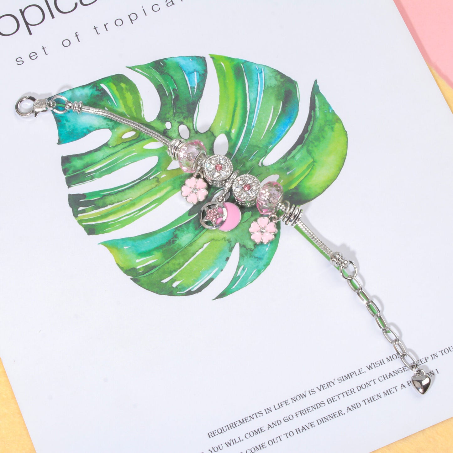 Chic Pink Crystal Beaded Bracelet with Magnolia & Star Pendant(17cm) V1132-NSSL48-17