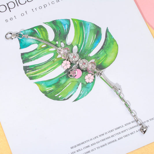 Chic Pink Crystal Beaded Bracelet with Magnolia & Star Pendant(18cm) V1132-NSSL48-18