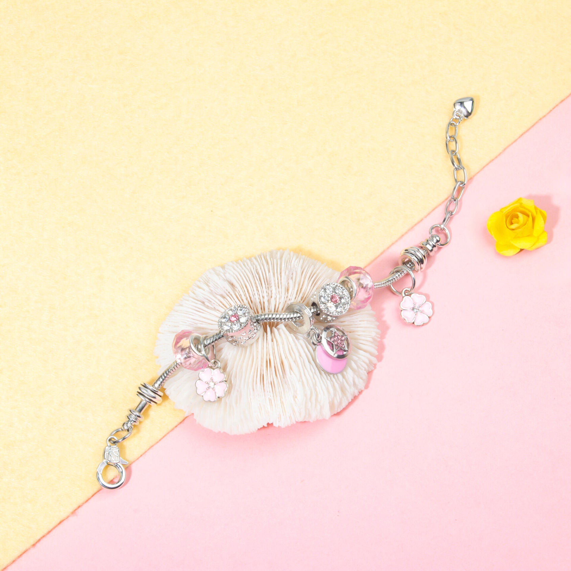 Chic Pink Crystal Beaded Bracelet with Magnolia & Star Pendant(18cm) V1132-NSSL48-18