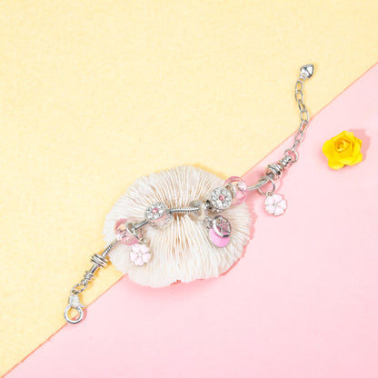 Chic Pink Crystal Beaded Bracelet with Magnolia & Star Pendant(19cm) V1132-NSSL48-19