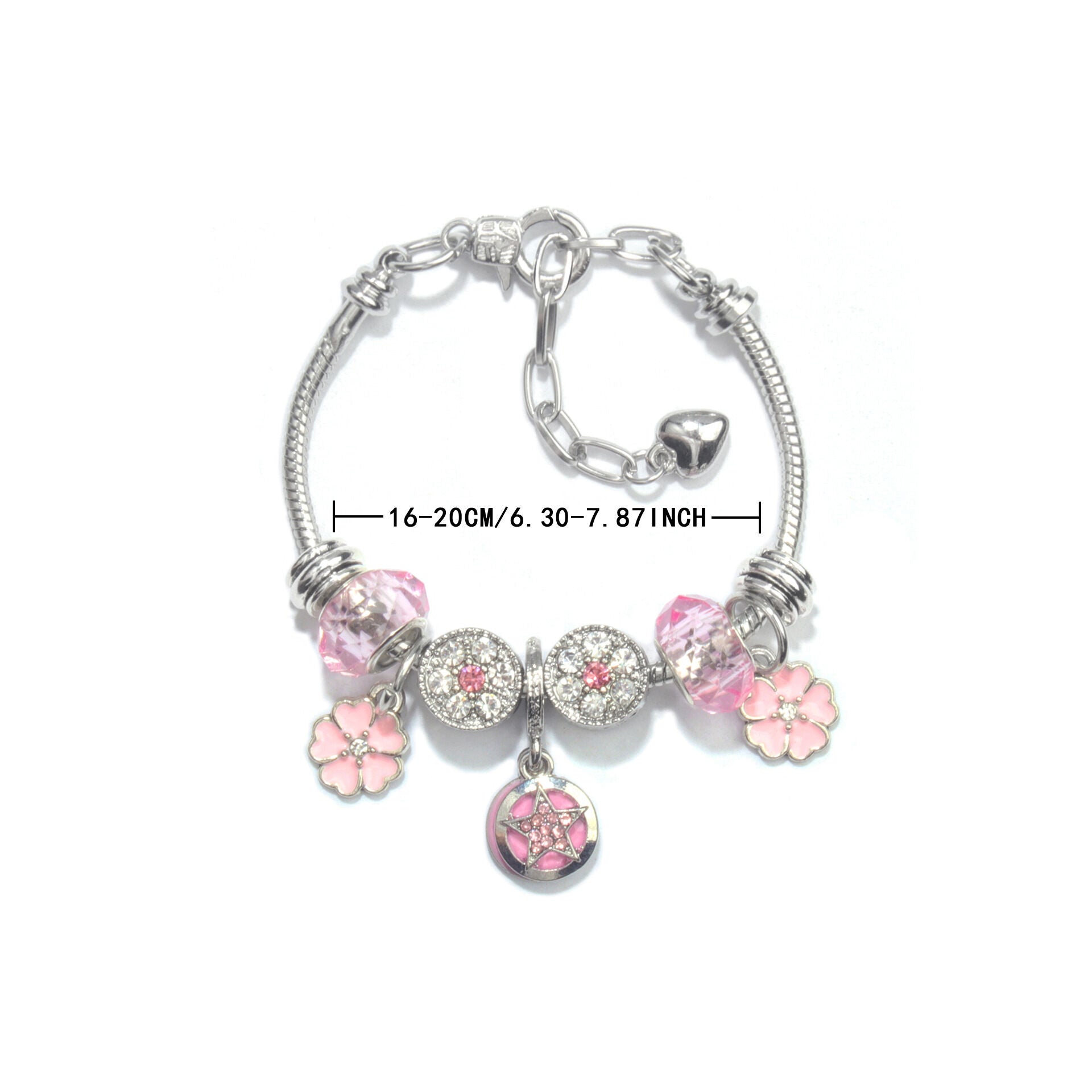 Chic Pink Crystal Beaded Bracelet with Magnolia & Star Pendant(19cm) V1132-NSSL48-19
