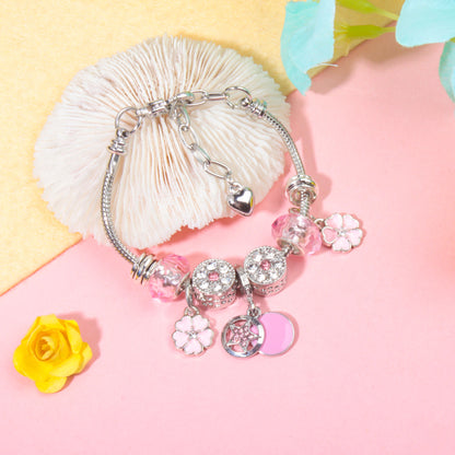 Chic Pink Crystal Beaded Bracelet with Magnolia & Star Pendant(20cm) V1132-NSSL48-20