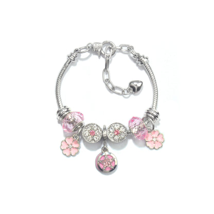 Chic Pink Crystal Beaded Bracelet with Magnolia & Star Pendant(21cm) V1132-NSSL48-21
