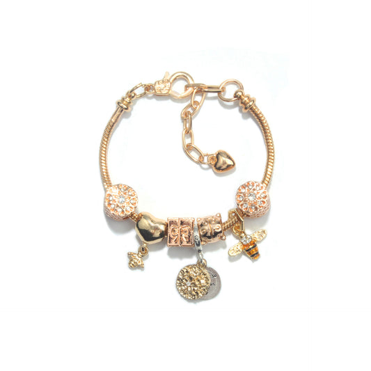 Golden Heart & Bee Charm Bracelet with Rhinestones, Hollow Flower & Gift Box Beads(18cm) V1132-NSSL49-18