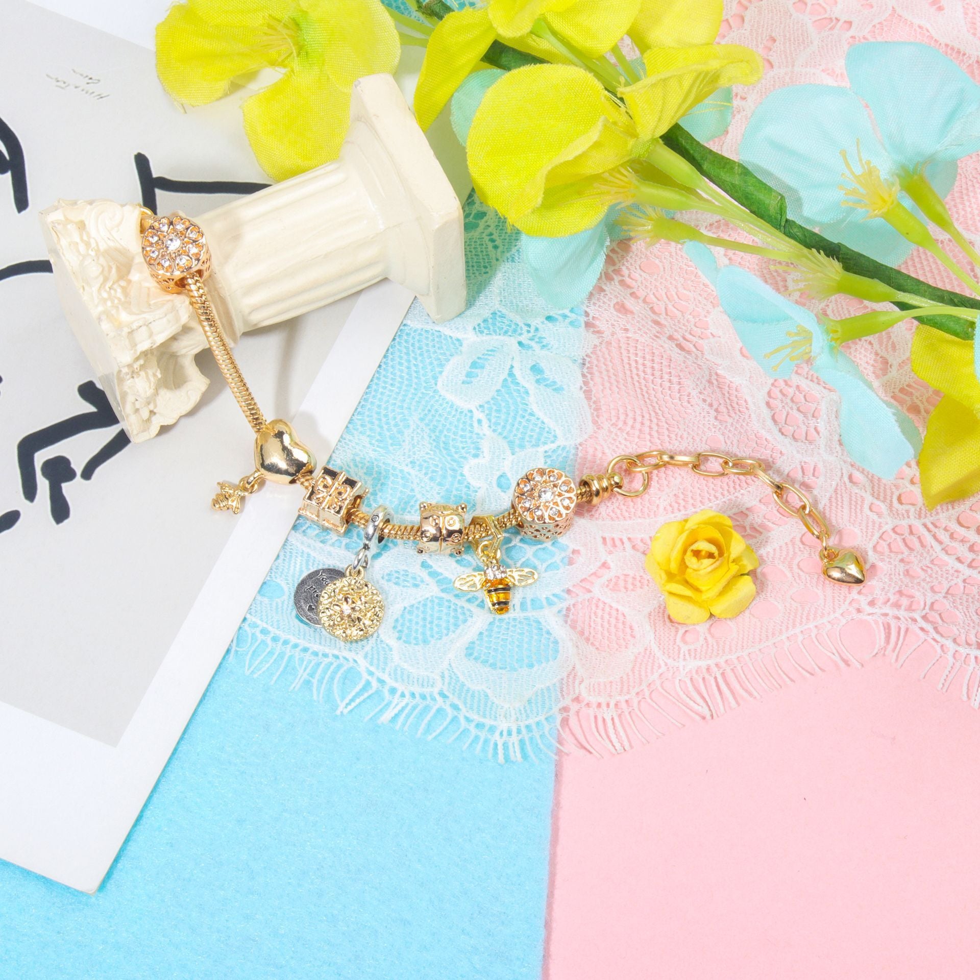 Golden Heart & Bee Charm Bracelet with Rhinestones, Hollow Flower & Gift Box Beads(20cm) V1132-NSSL49-20