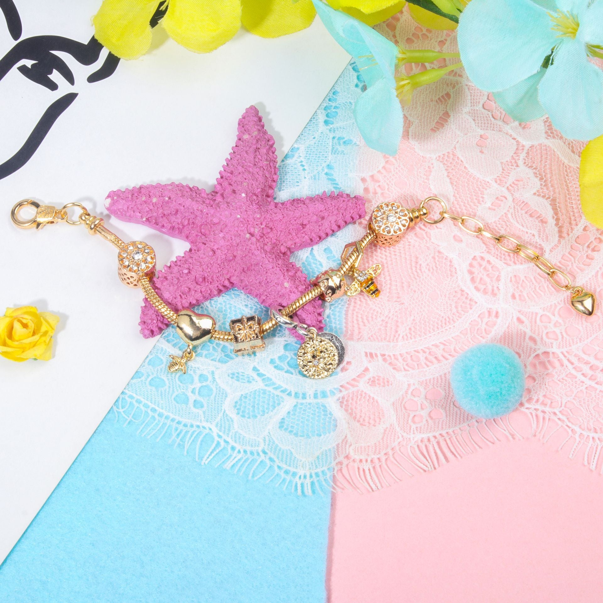 Golden Heart & Bee Charm Bracelet with Rhinestones, Hollow Flower & Gift Box Beads(20cm) V1132-NSSL49-20