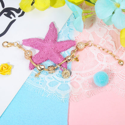 Golden Heart & Bee Charm Bracelet with Rhinestones, Hollow Flower & Gift Box Beads(20cm) V1132-NSSL49-20