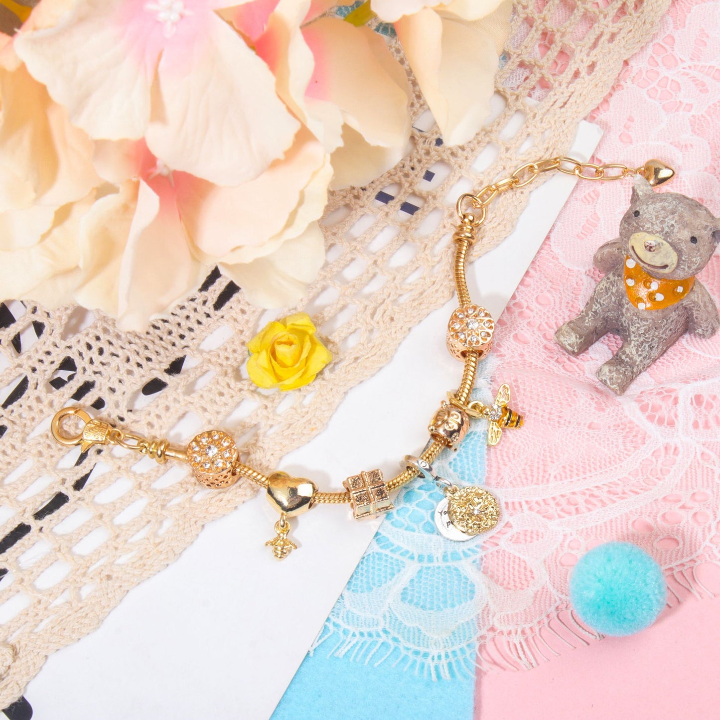 Golden Heart & Bee Charm Bracelet with Rhinestones, Hollow Flower & Gift Box Beads(20cm) V1132-NSSL49-20