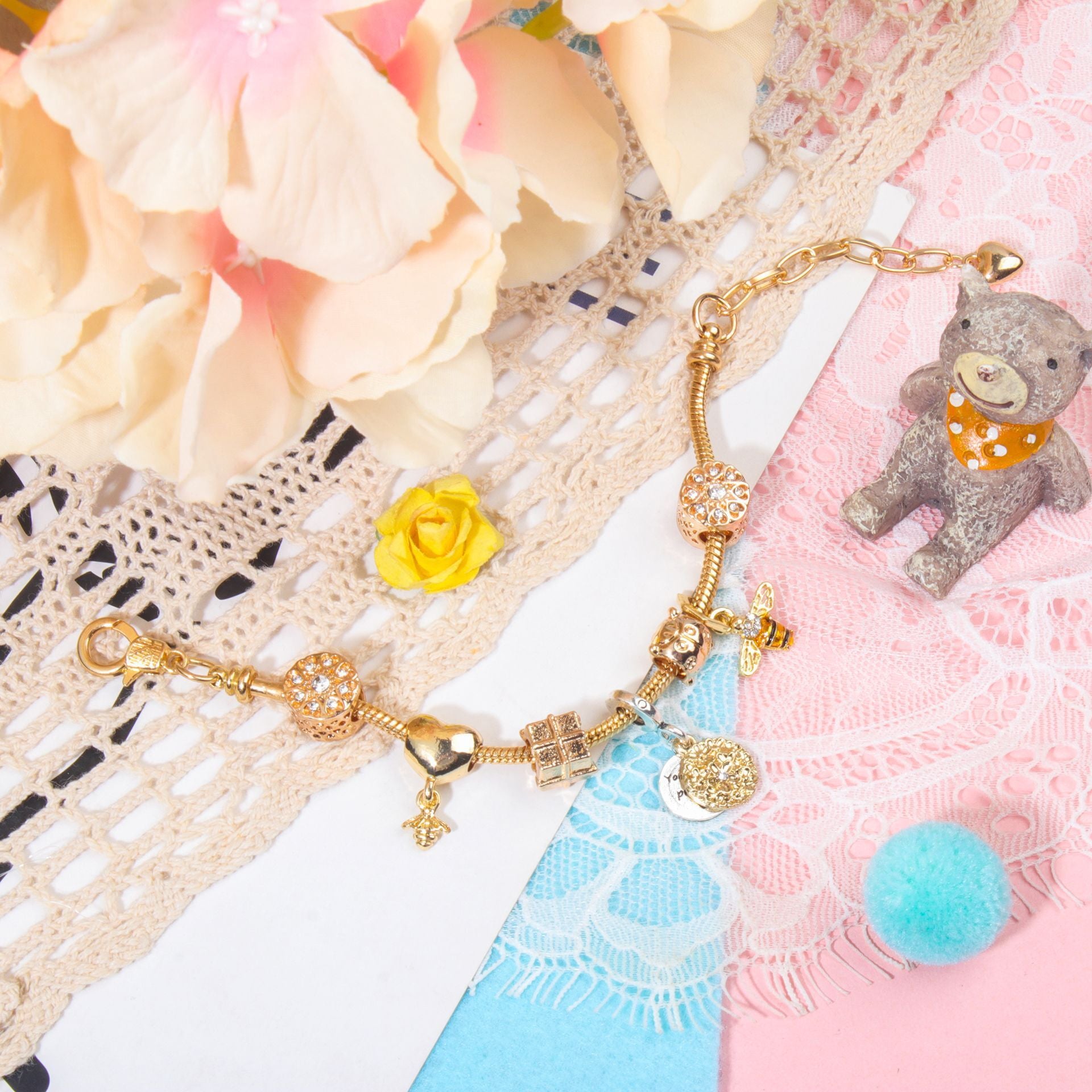 Golden Heart & Bee Charm Bracelet with Rhinestones, Hollow Flower & Gift Box Beads(20cm) V1132-NSSL49-20