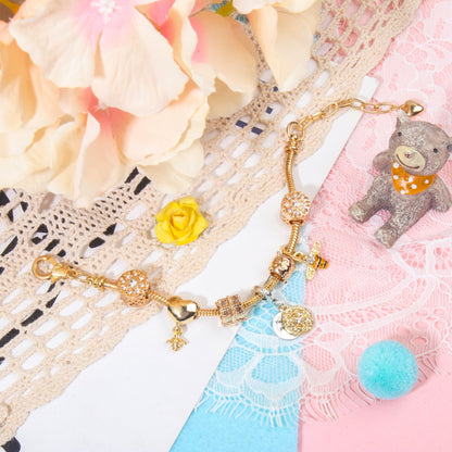 Golden Heart & Bee Charm Bracelet with Rhinestones, Hollow Flower & Gift Box Beads(20cm) V1132-NSSL49-20