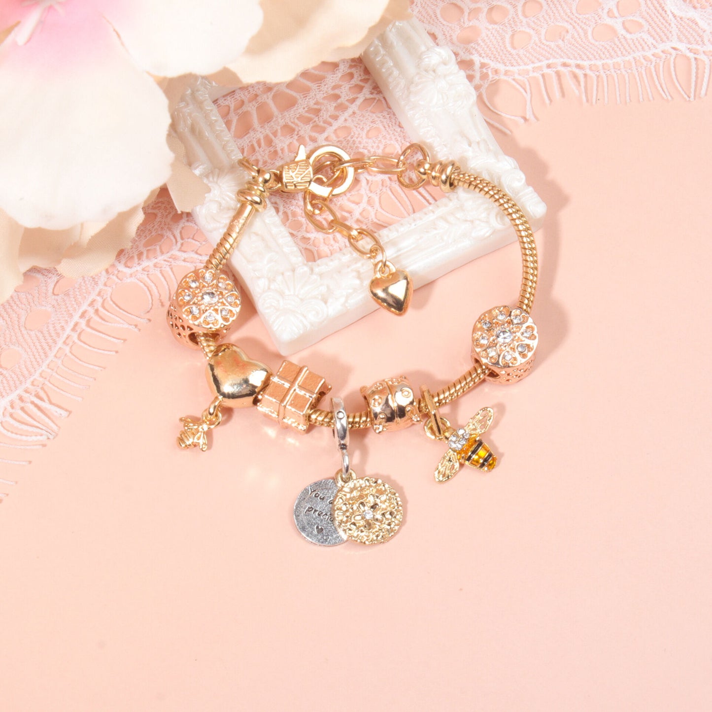 Golden Heart & Bee Charm Bracelet with Rhinestones, Hollow Flower & Gift Box Beads(20cm) V1132-NSSL49-20