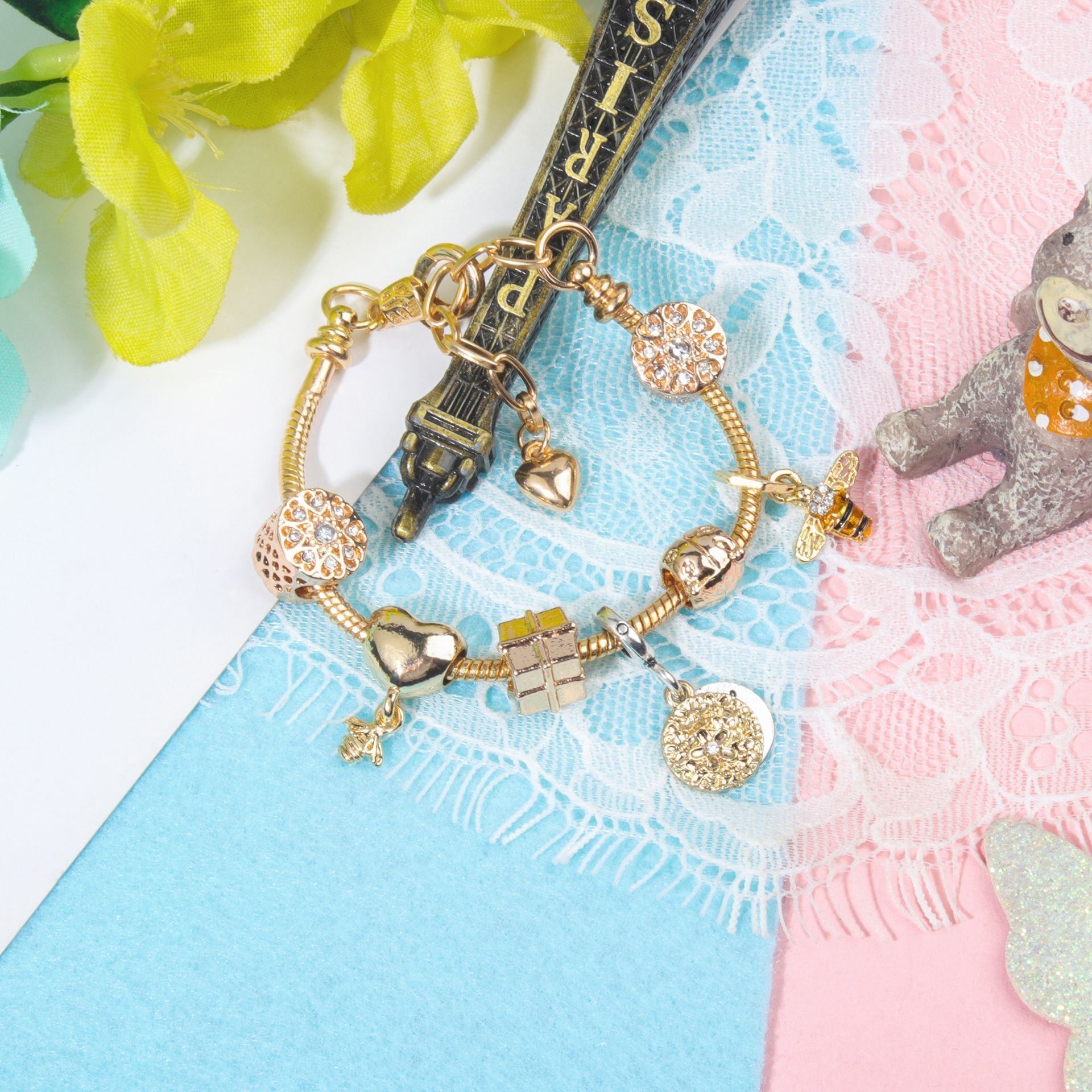 Golden Heart & Bee Charm Bracelet with Rhinestones, Hollow Flower & Gift Box Beads(20cm) V1132-NSSL49-20
