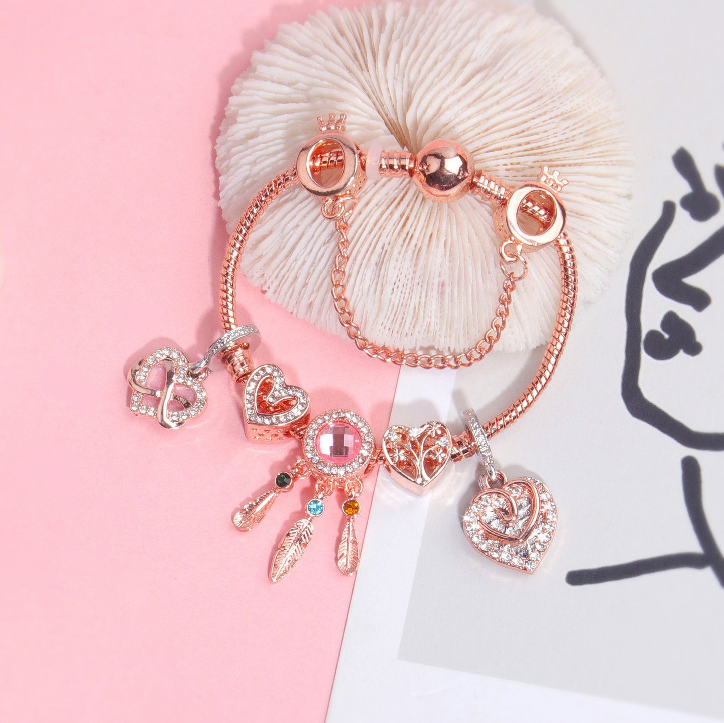 Rose Gold Bracelet with Pink Heart Charms & Crystal Rhinestones(17cm) V1132-NSSL53-17