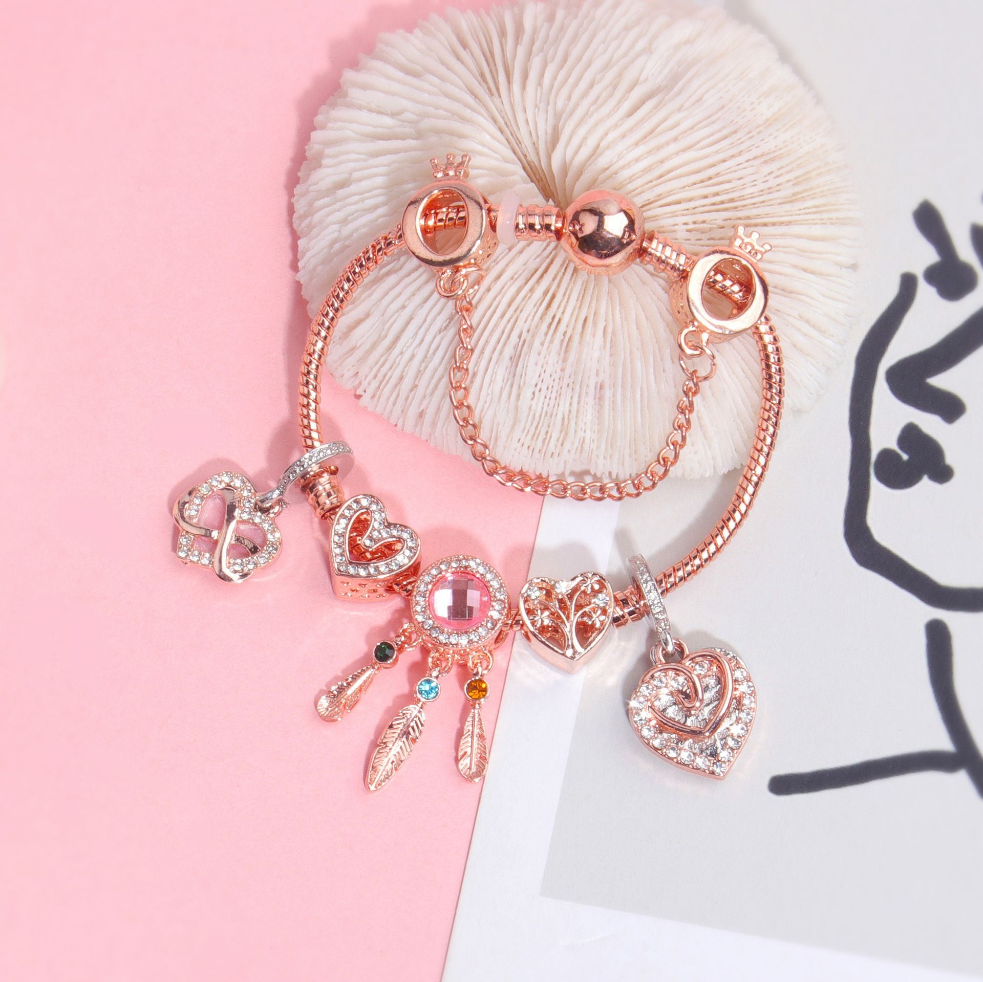 Rose Gold Bracelet with Pink Heart Charms & Crystal Rhinestones(17cm) V1132-NSSL53-17