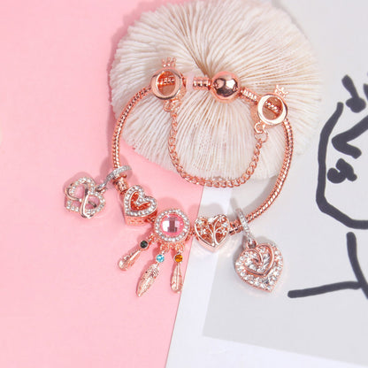 Rose Gold Bracelet with Pink Heart Charms & Crystal Rhinestones(17cm) V1132-NSSL53-17