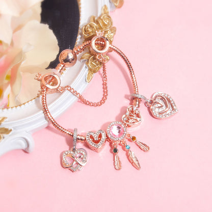 Rose Gold Bracelet with Pink Heart Charms & Crystal Rhinestones(17cm) V1132-NSSL53-17