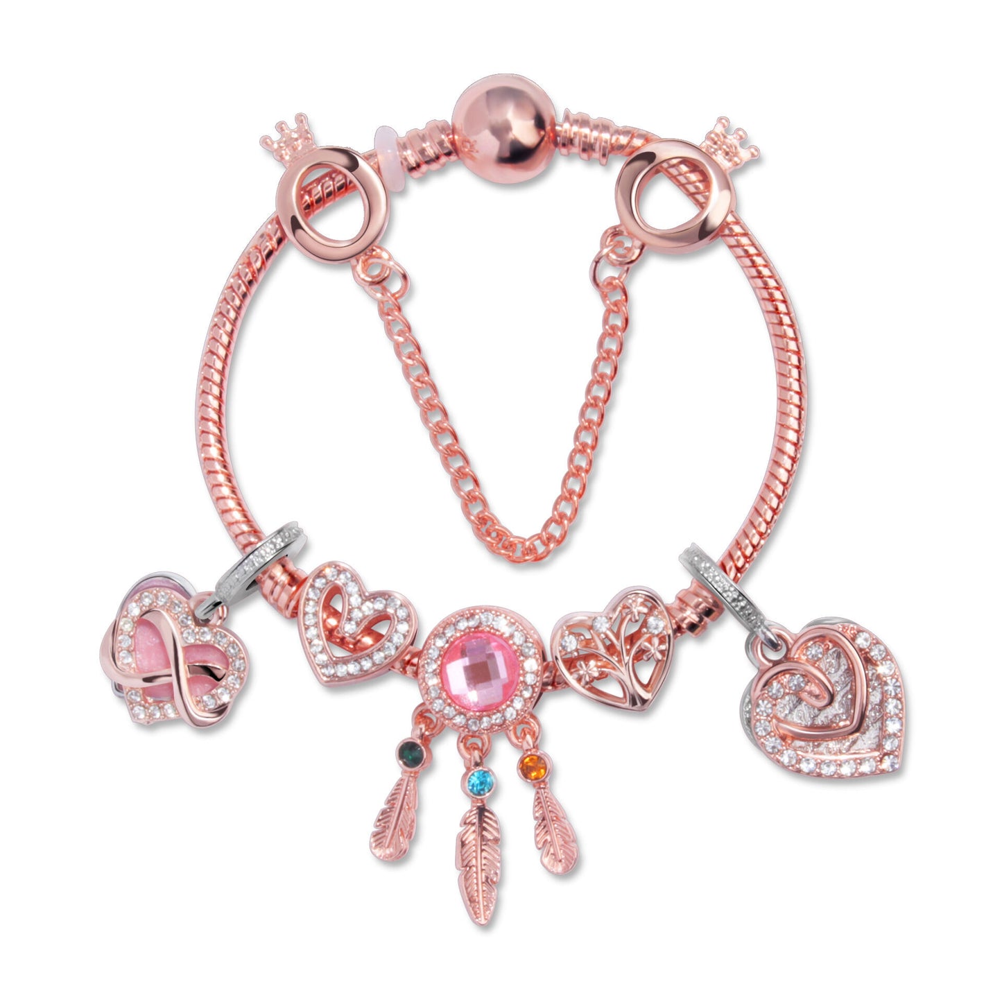 Rose Gold Bracelet with Pink Heart Charms & Crystal Rhinestones(18cm) V1132-NSSL53-18