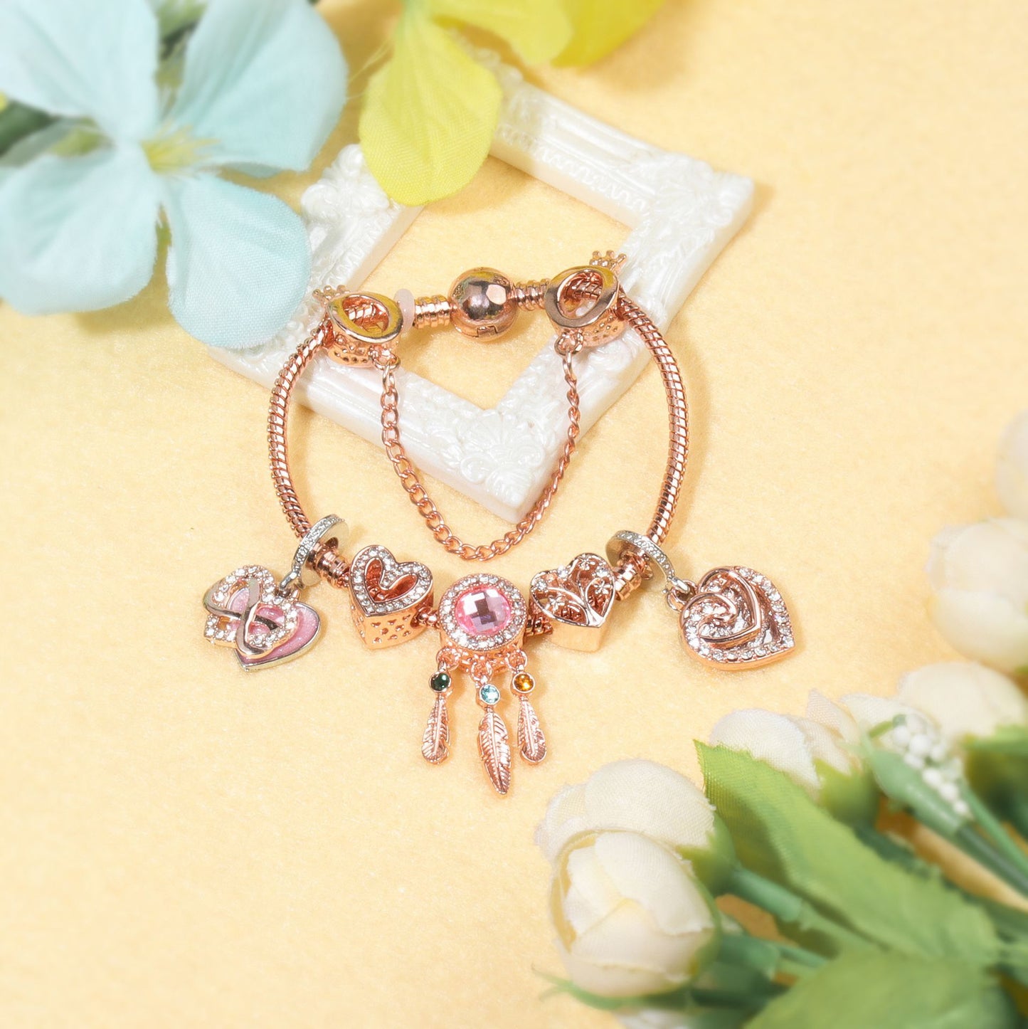 Rose Gold Bracelet with Pink Heart Charms & Crystal Rhinestones(18cm) V1132-NSSL53-18