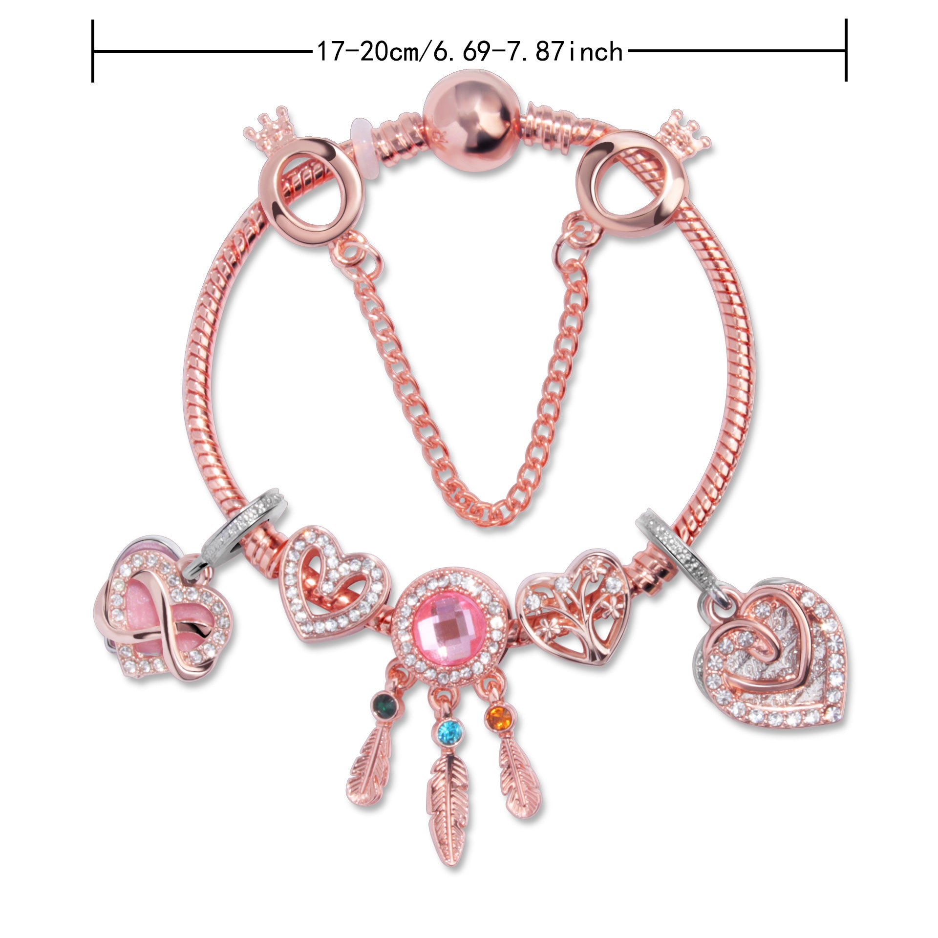 Rose Gold Bracelet with Pink Heart Charms & Crystal Rhinestones(18cm) V1132-NSSL53-18