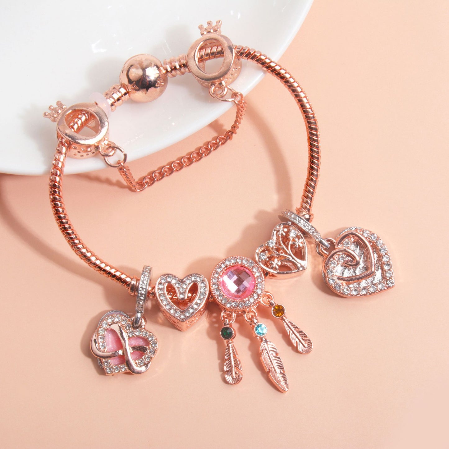 Rose Gold Bracelet with Pink Heart Charms & Crystal Rhinestones(19cm) V1132-NSSL53-19