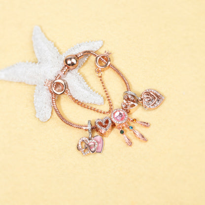 Rose Gold Bracelet with Pink Heart Charms & Crystal Rhinestones(19cm) V1132-NSSL53-19