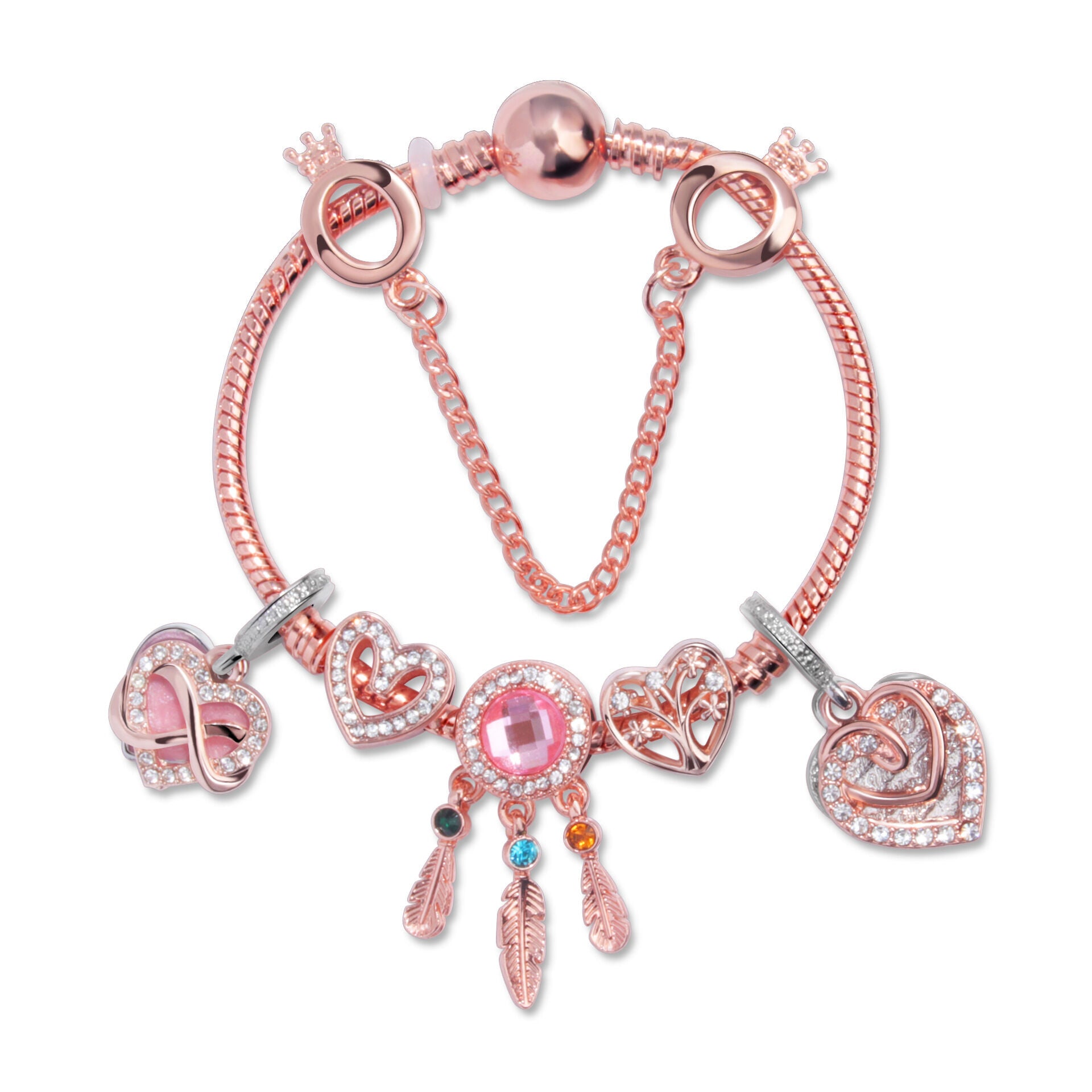 Rose Gold Bracelet with Pink Heart Charms & Crystal Rhinestones(20cm) V1132-NSSL53-20