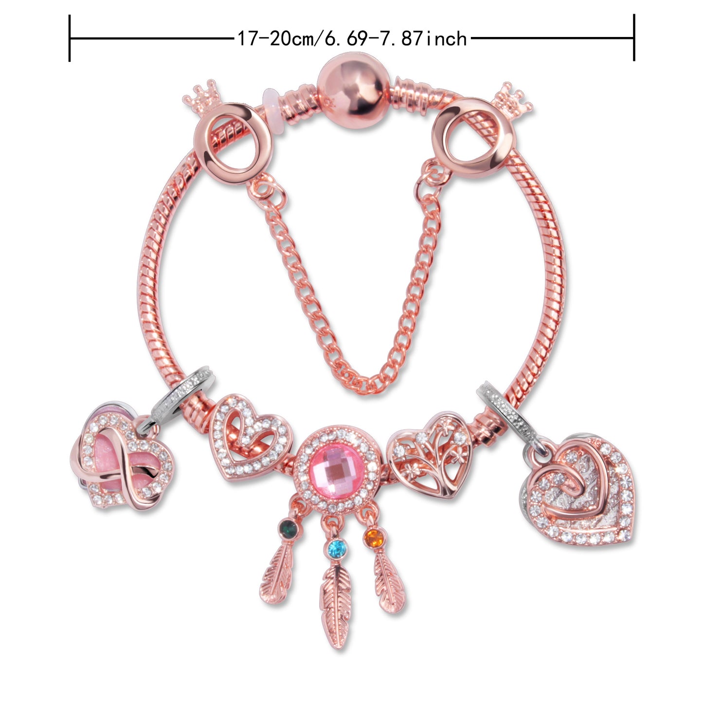 Rose Gold Bracelet with Pink Heart Charms & Crystal Rhinestones(20cm) V1132-NSSL53-20