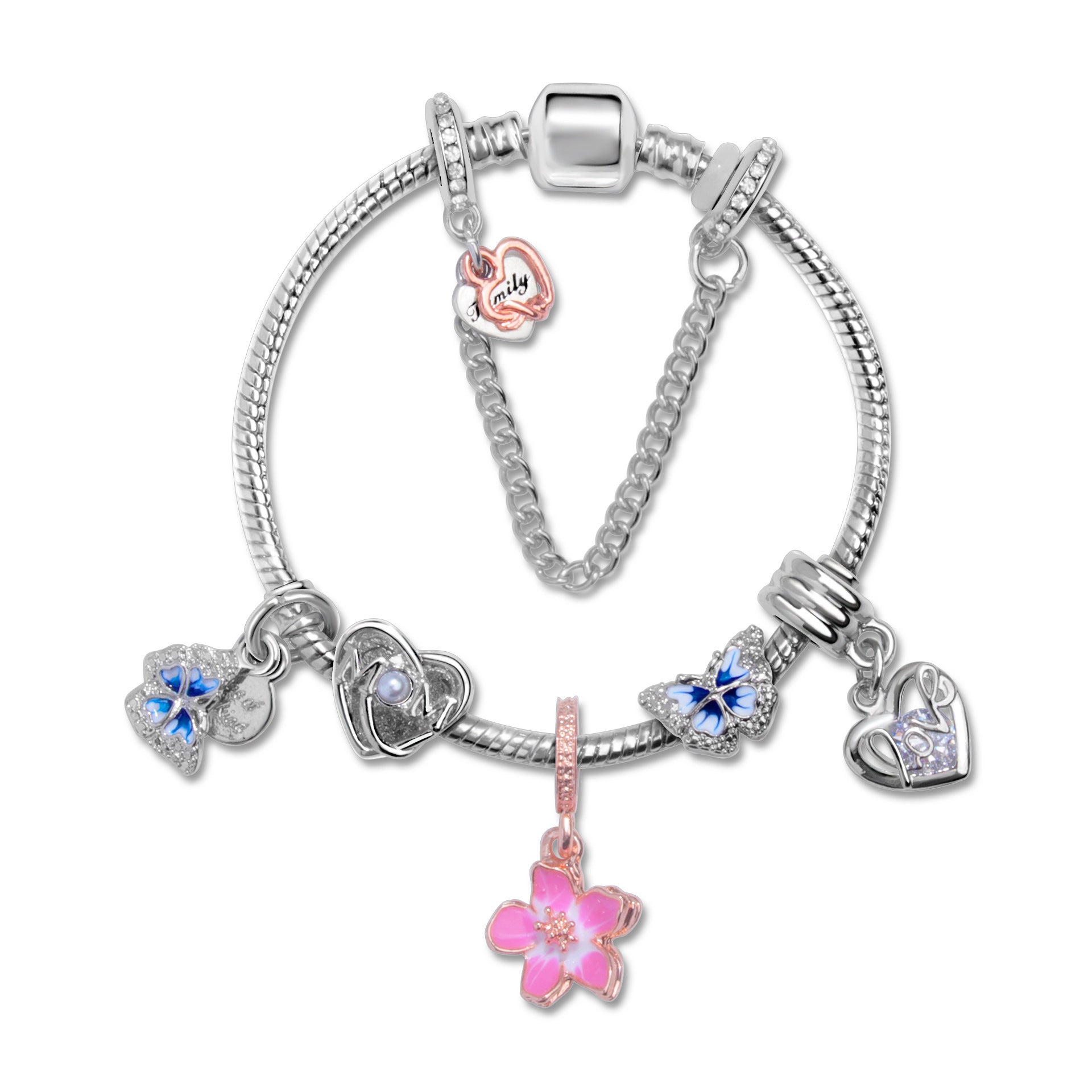 Blue Butterfly Glass Bead & Pink Flower Pendant Charm Bracelet(17cm) V1132-NSSL54-17
