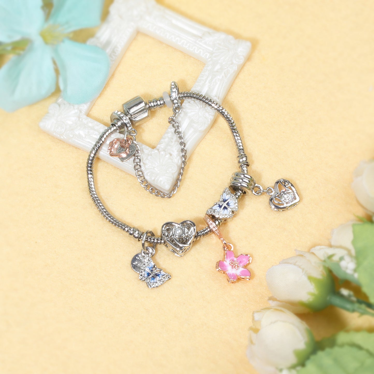 Blue Butterfly Glass Bead & Pink Flower Pendant Charm Bracelet(17cm) V1132-NSSL54-17