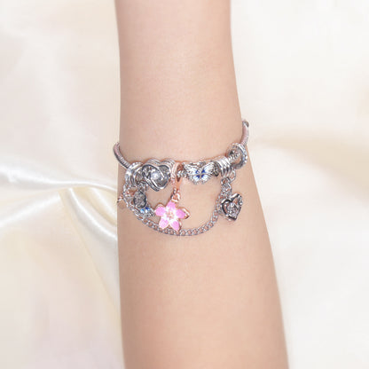 Blue Butterfly Glass Bead & Pink Flower Pendant Charm Bracelet(17cm) V1132-NSSL54-17