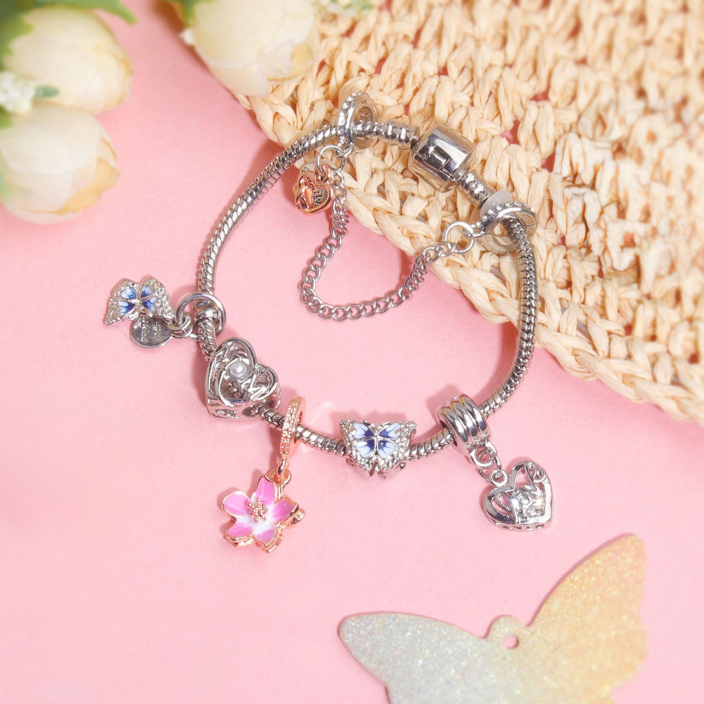 Blue Butterfly Glass Bead & Pink Flower Pendant Charm Bracelet(17cm) V1132-NSSL54-17